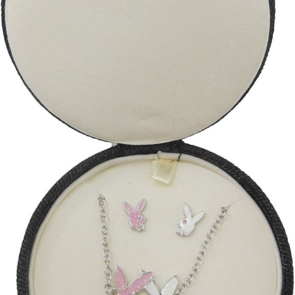 Playboy Jewelry Set Necklace Earrings Bunny Kiss Kissing Bunnies Authentic NWT - Picture 6 of 13